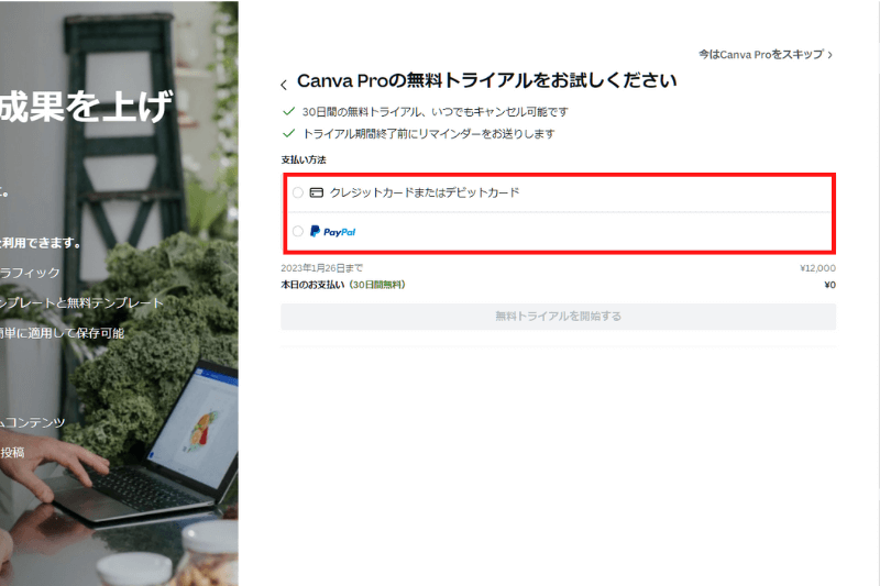 canva proの支払い方法選択画面